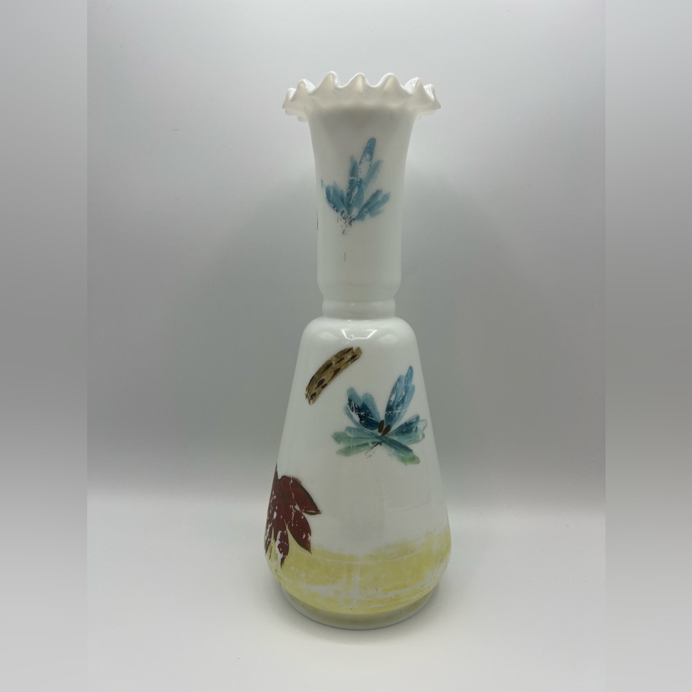 1800s Victorian Era Bristol Floral Motif Hand-blown Hand-Painted Milk Glass Vase